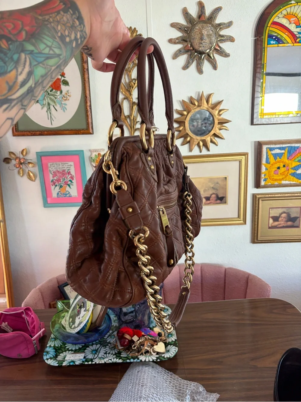 Marc Jacobs Stam Purse Satchel Frame Handbag Brown Quilted Leather Chain Strap